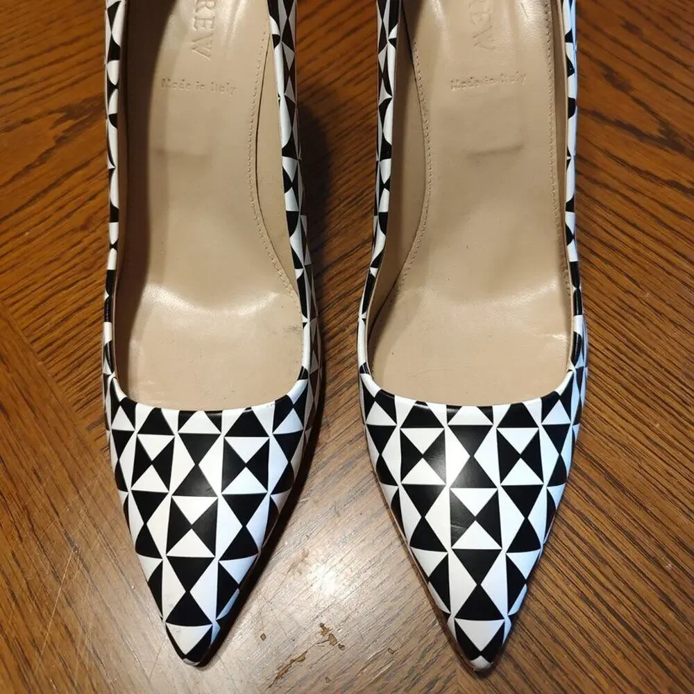 J.CREW Falsetto Printed‎ Geometric Black & White Heels Pumps  Size 8 1/2  EUC